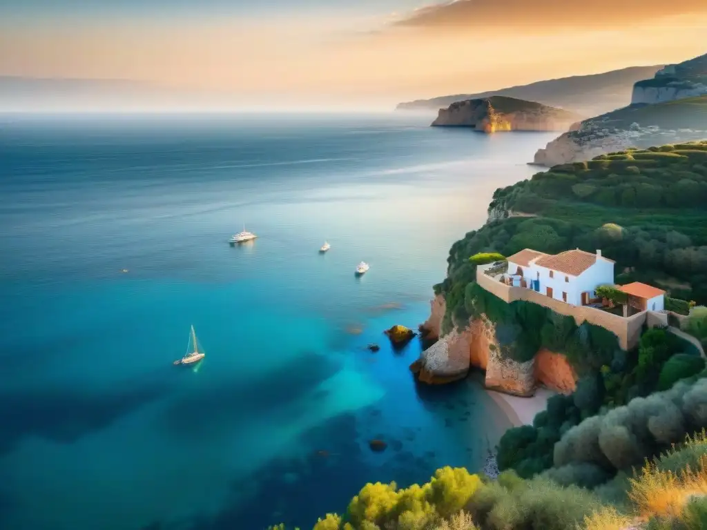 Vista panorámica: Casa tradicional española en acantilado mediterráneo Casa de teja española en acantilado junto al mar Mediterráneo al atardecer, con gaviotas