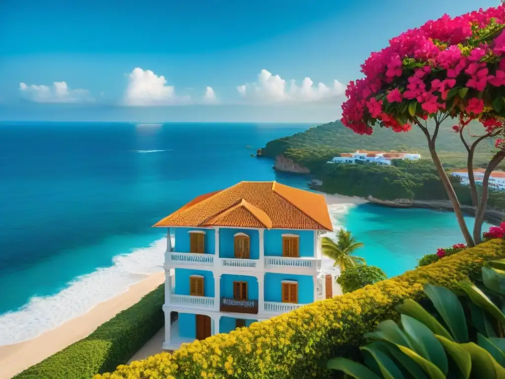 Costa colonial: casas blancas, tejas rojas y mar azul Casas estilo colonial en la costa mar, con terracota, paredes blancas y buganvilias en los balcones, frente al mar azul