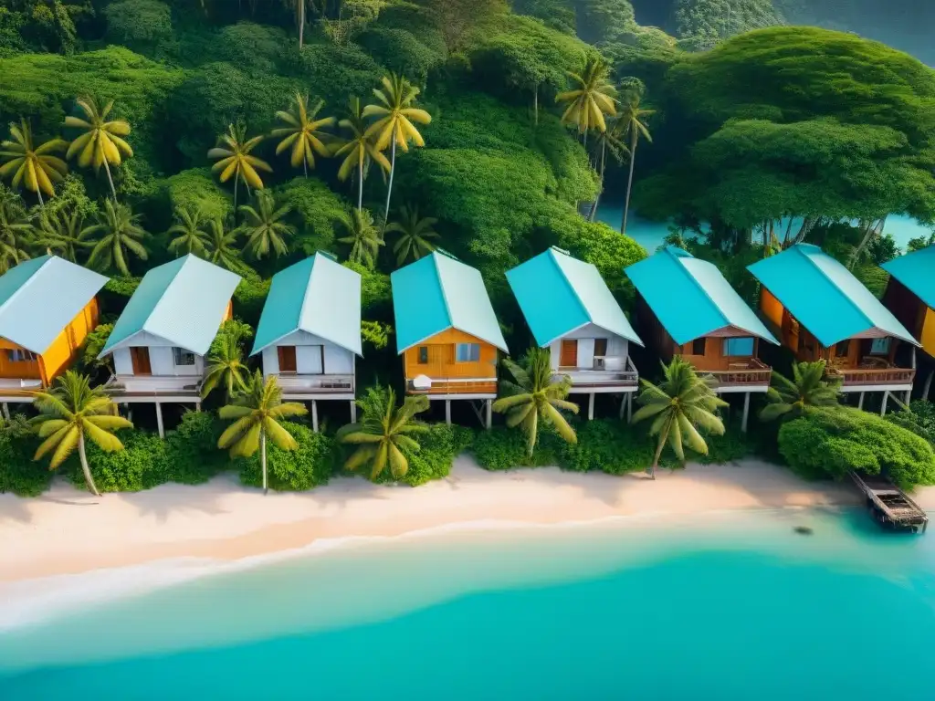 Paraíso tropical: casas coloridas sobre aguas turquesas Casas estilo palafito vida costera en armonía con la naturaleza tropical