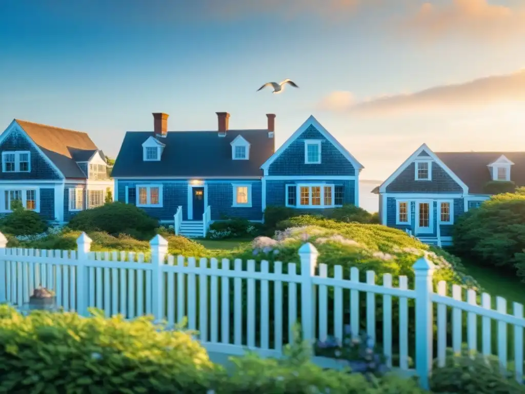 Atardecer dorado en casas de Cape Cod Cape Cod: Casas estilo Cape Cod junto al mar bañadas por la cálida luz dorada del atardecer