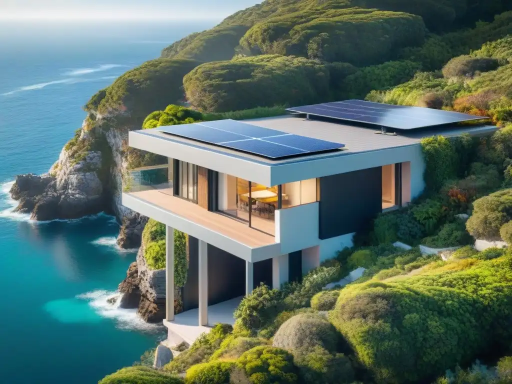 Residencia pasiva moderna en acantilado con vistas al mar Casas pasivas sostenibles en costa: moderna vivienda junto al mar con paneles solares, ventanales panorámicos y vegetación exuberante