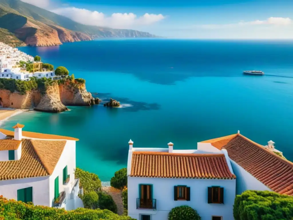 Encanto costero: casas españolas junto al mar Casas de teja española en la costa con encanto y colores pastel junto al mar sereno