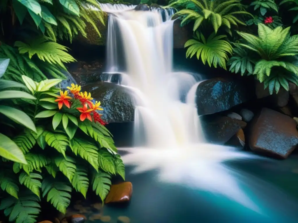 Cascada tropical: luz y sombra en oasis costero Cascada suave en jardín costero, elementos agua relajante y verde exuberante