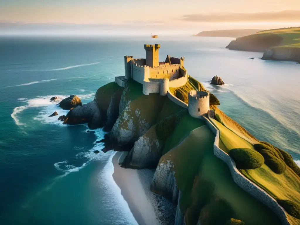 Castillo costero: atardecer en acantilado Castillo en la costa: majestuoso castillo en acantilado con vistas al mar, bañado por la luz del atardecer y seagulls volando