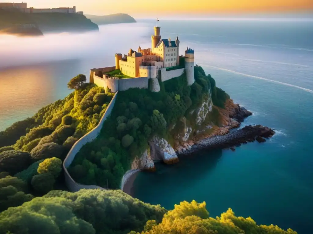 Castillo costero al atardecer: esplendor dorado sobre acantilado Castillo costero bañado por la luz dorada del atardecer en un escenario encantador de mar y vegetación exuberante
