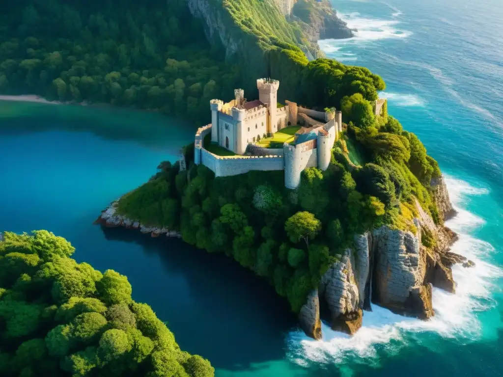 Castillo medieval en acantilado junto al mar Castillo medieval en acantilado costero, rodeado de vegetación exuberante y el mar
