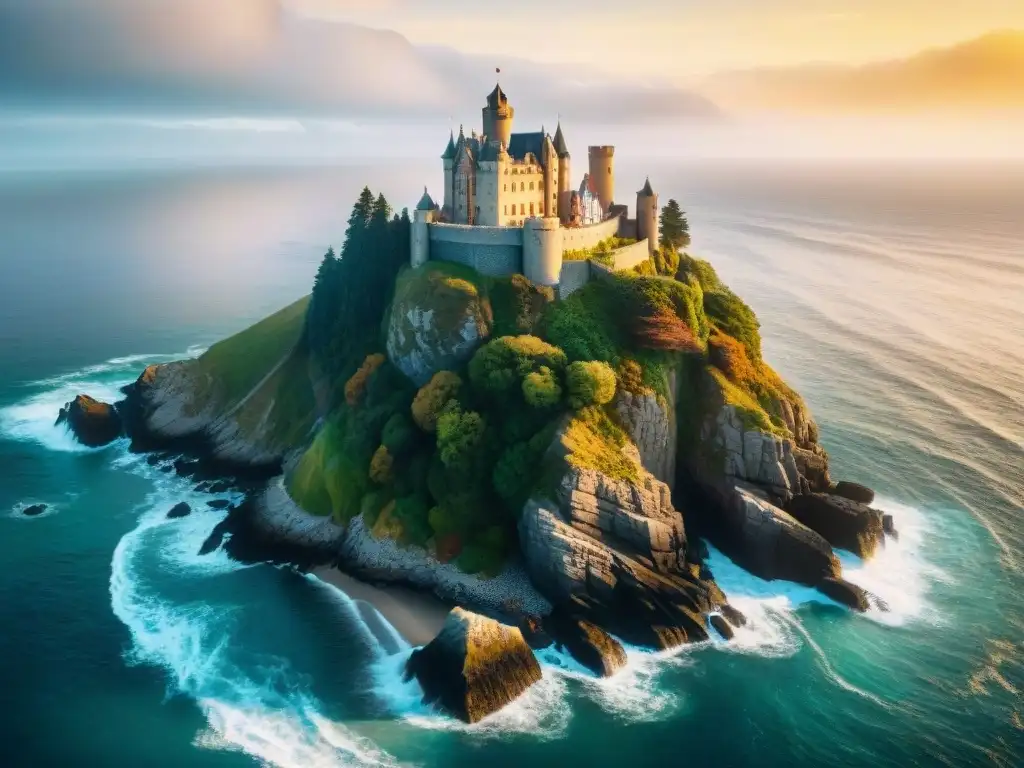 Castillo medieval en acantilado frente al mar al atardecer Castillo medieval en acantilado frente al mar, con olas rompiendo en rocas