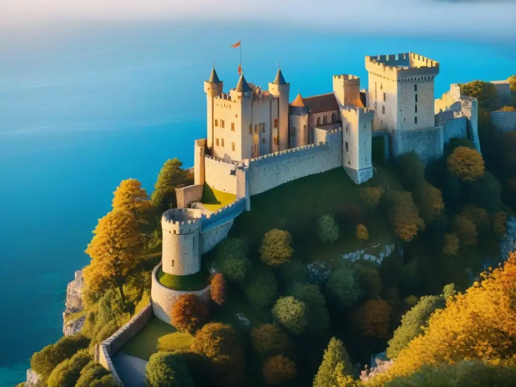 Castillo medieval en transformación: pasado histórico, futuro moderno Castillo medieval en la costa: mezcla de encanto histórico y elegancia contemporánea al atardecer