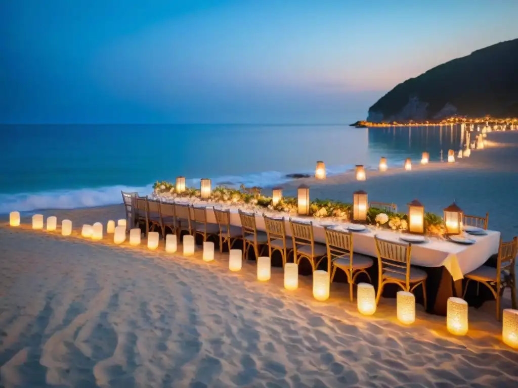 Evento playero al atardecer: decoración costera bajo luces de cuerda Una celebración mágica en la playa al atardecer con decoración costera iluminada