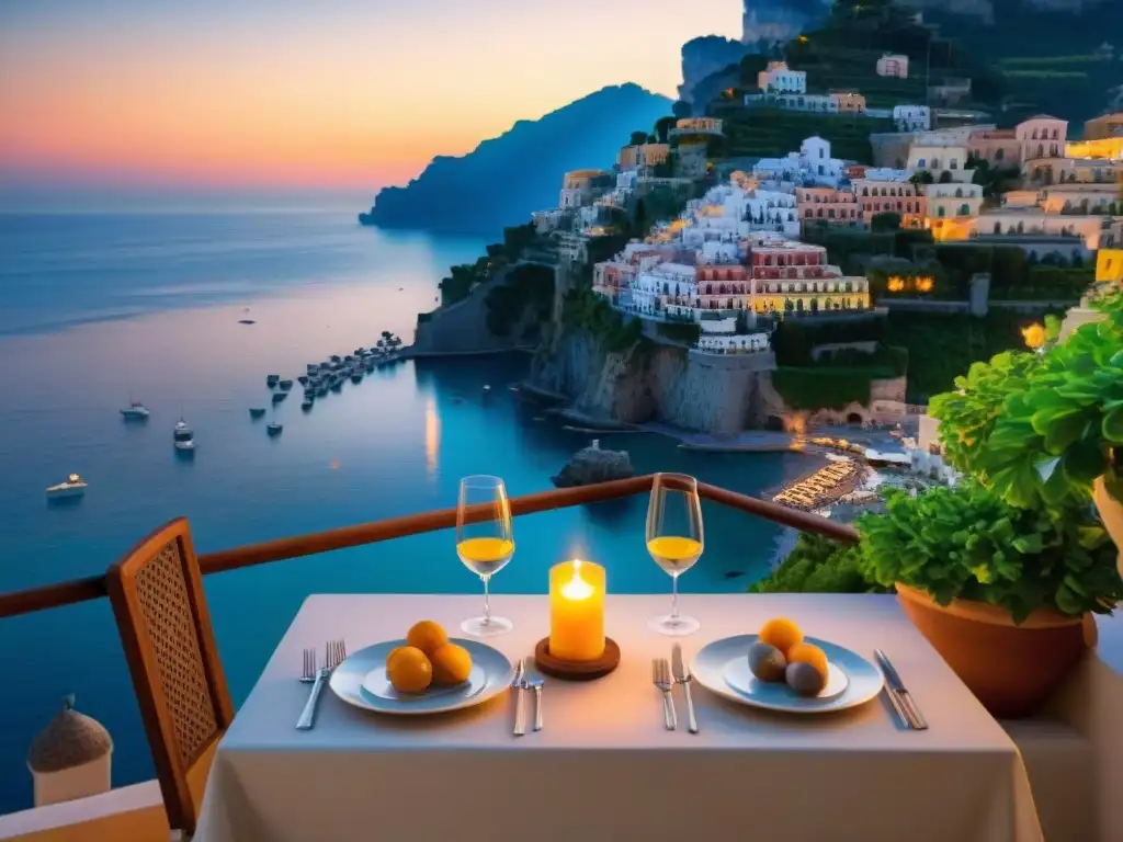 Cena romántica en la Costa Amalfitana al atardecer Una cena romántica a la luz de las velas en la Costa Amalfitana al atardecer, exquisita y sofisticada