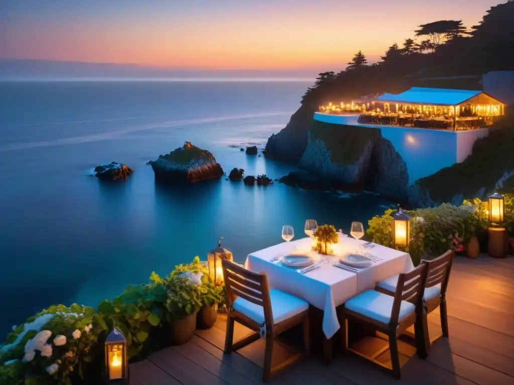 Atardecer romántico en restaurante costero Una cena romántica en un restaurante costero con vistas al mar al atardecer