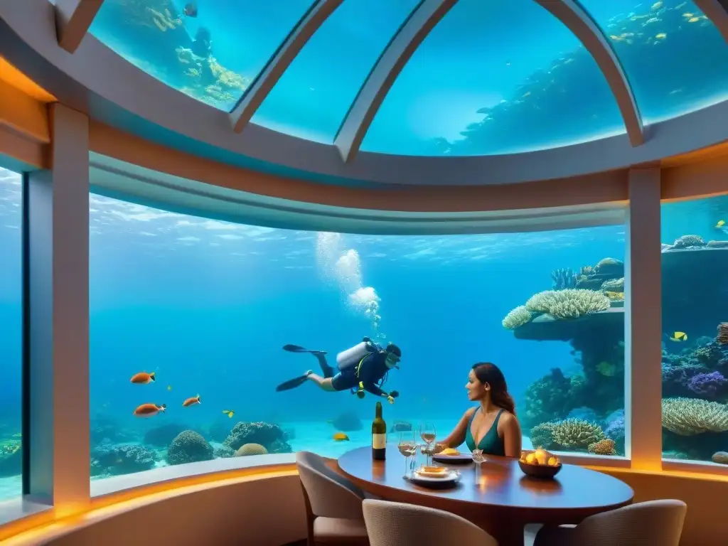 Exclusiva cena romántica en suites submarinas de Poseidon Resort en Fiji Una cena romántica en una suite subacuática de lujo en el Resort Poseidon en Fiji, rodeada de vida marina