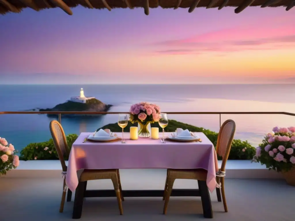 Escena romántica: cena a la luz de las velas en terraza costera Una cena romántica en terraza costera con velas, flores frescas y una botella de vino