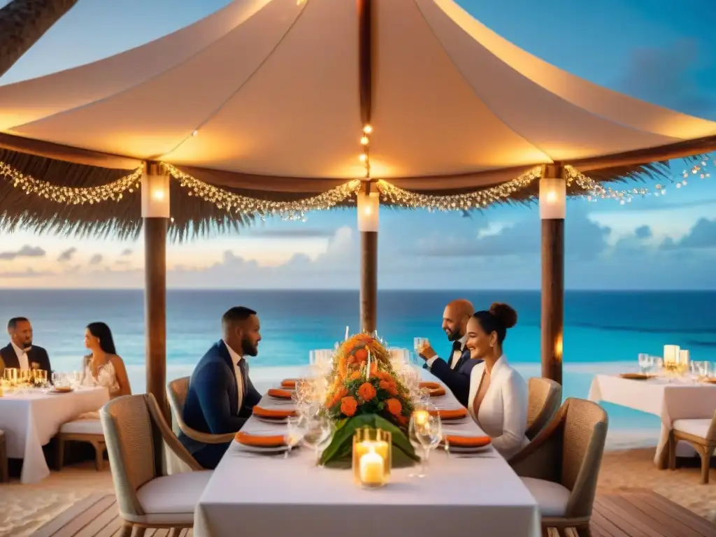 Cena de lujo al atardecer en isla tropical Una cena temática en costas exóticas al atardecer en isla tropical: mesa larga, velas, flores y platos locales