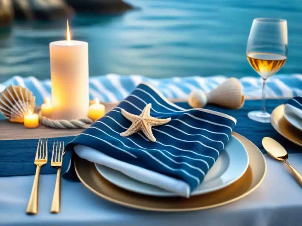 Decoración de mesa náutica para cena junto al mar Decoración temática marina para cenas en una mesa elegante con detalles náuticos en suaves tonos azules y blancos, iluminada por velas
