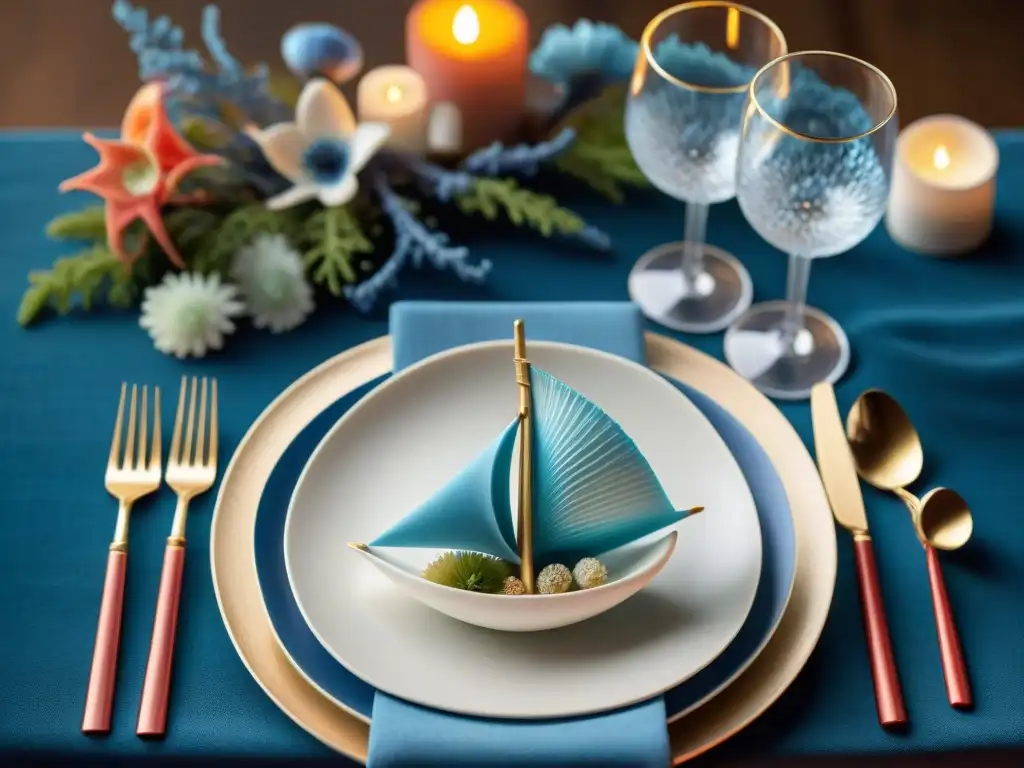 Mesa de cena marina: decoración detallada y encantadora Decoración temática marina para cenas: mesa elegante con detalles de veleros, conchas y centros florales submarinos iluminados por velas