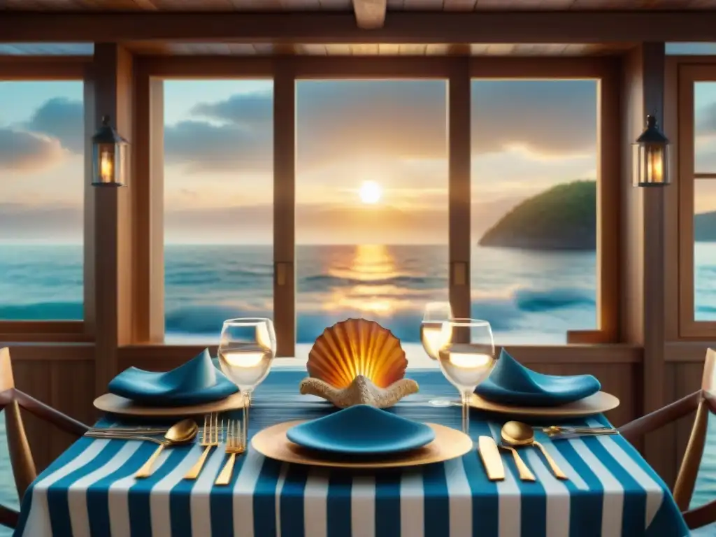 Exquisita mesa marinera con decoración detallada y vista al mar Decoración temática marina para cenas: mesa elegante con detalles de mar y luz de velas suave