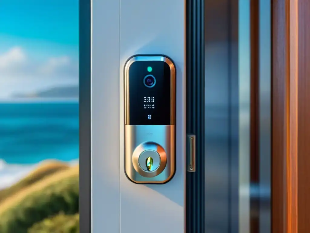 Smart Lock resistente al clima para hogares costeros Cerradura inteligente para propiedades costeras: moderna, resistente al clima, instalada en una puerta frente al mar, familia feliz ingresando a casa