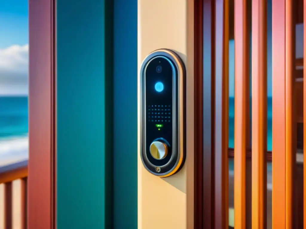 Smart lock moderno en puerta playera: seguridad y tecnología frente al mar 'Cerradura inteligente en puerta costera, tecnología avanzada y diseño futurista bajo la luz cálida del sol en la playa