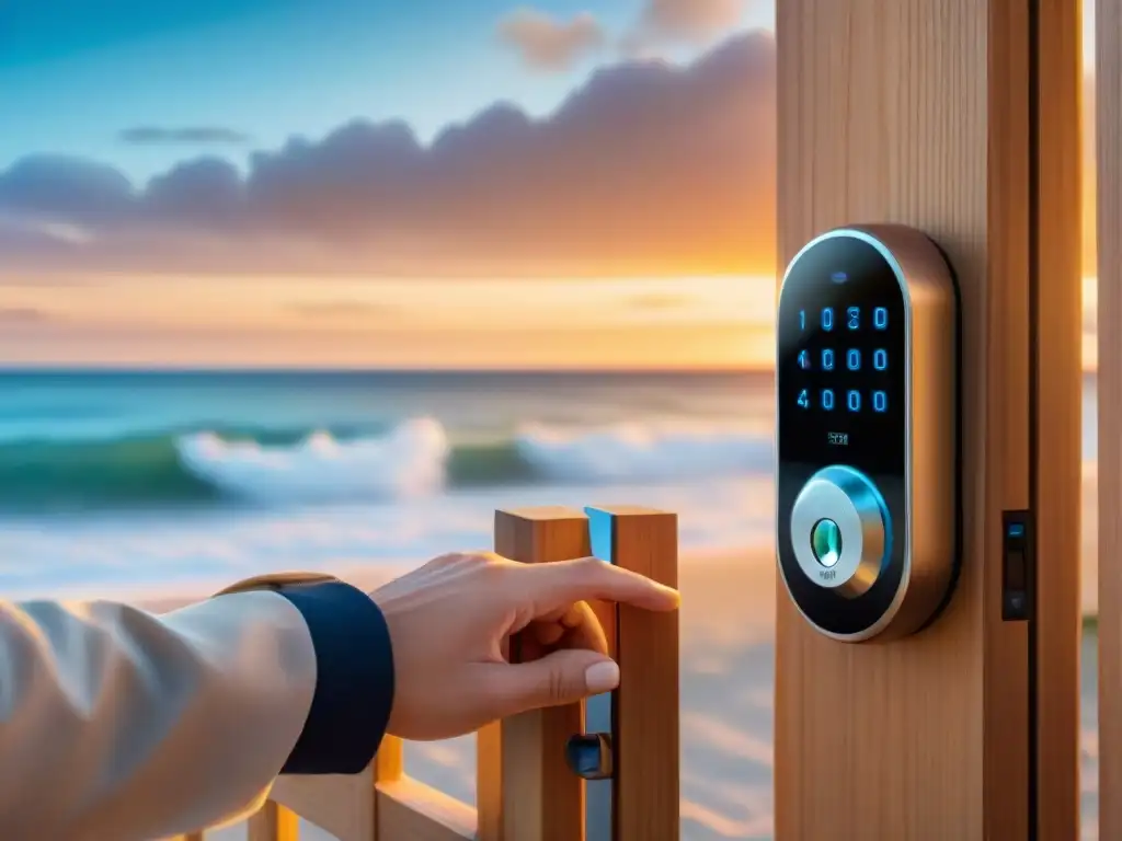 Smart lock frente al mar: tecnología y seguridad en hogares costeros Cerradura inteligente en puerta de madera frente al mar al atardecer