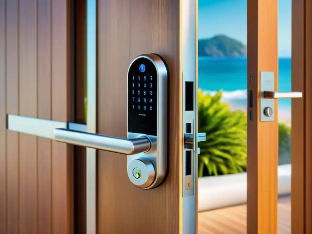 Smart lock de lujo en casa de playa: innovación y seguridad integradas Cerradura inteligente en puerta de madera con vista al mar en propiedad costera lujosa