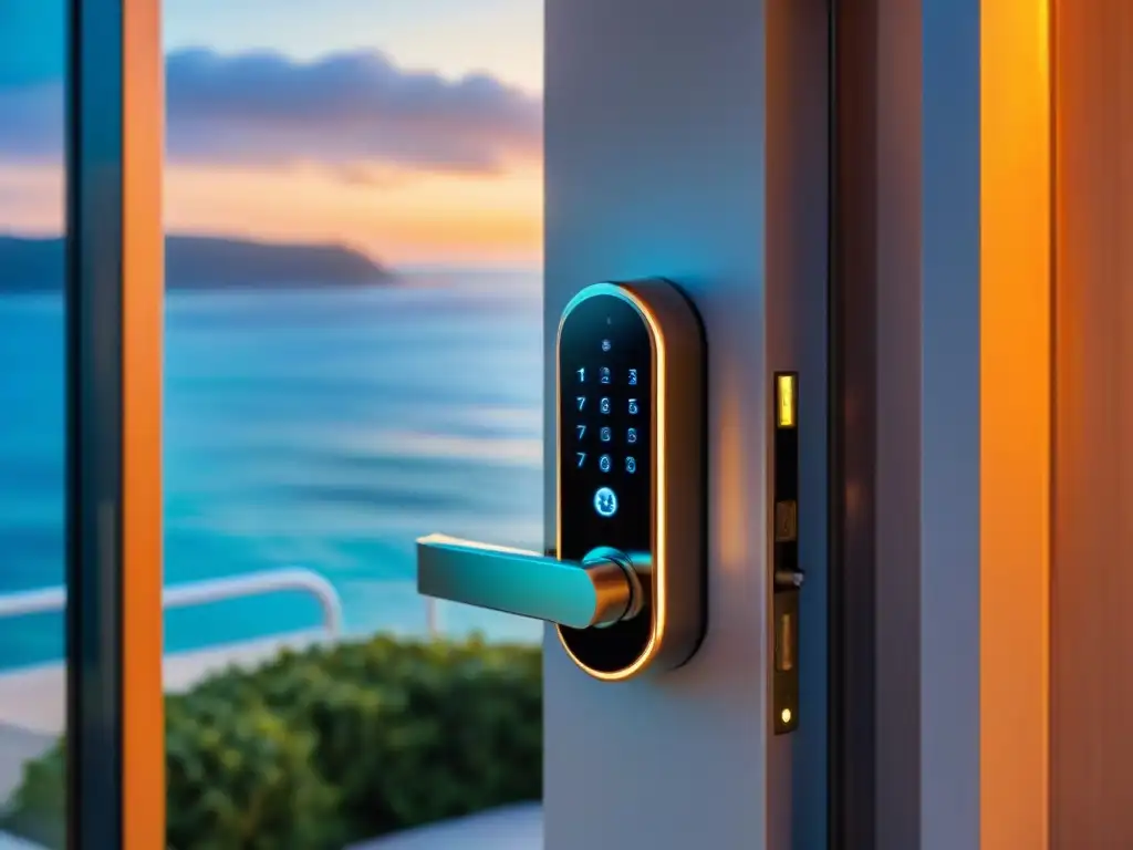 Smart lock de lujo en puerta costera al atardecer Cerradura inteligente en puerta moderna de propiedad costera de lujo, iluminada por el atardecer junto al mar