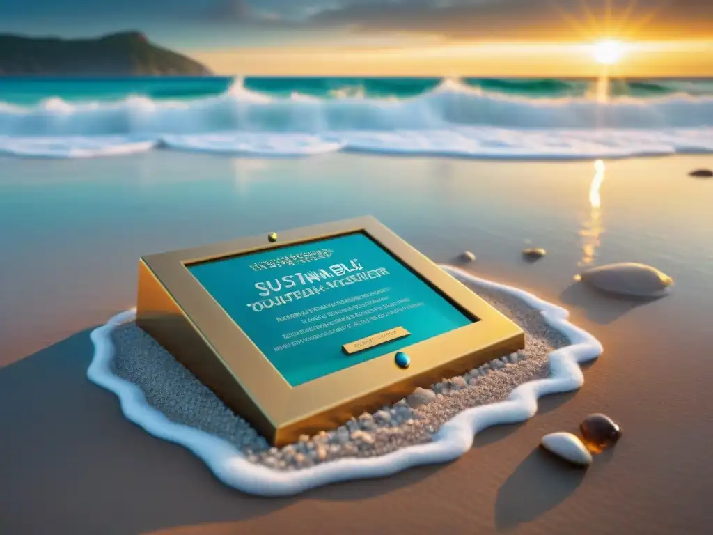 Playa sostenible al amanecer: certificación ecofriendly Certificaciones turismo sostenible costa: Placa eco en playa al amanecer, agua turquesa y sol dorado