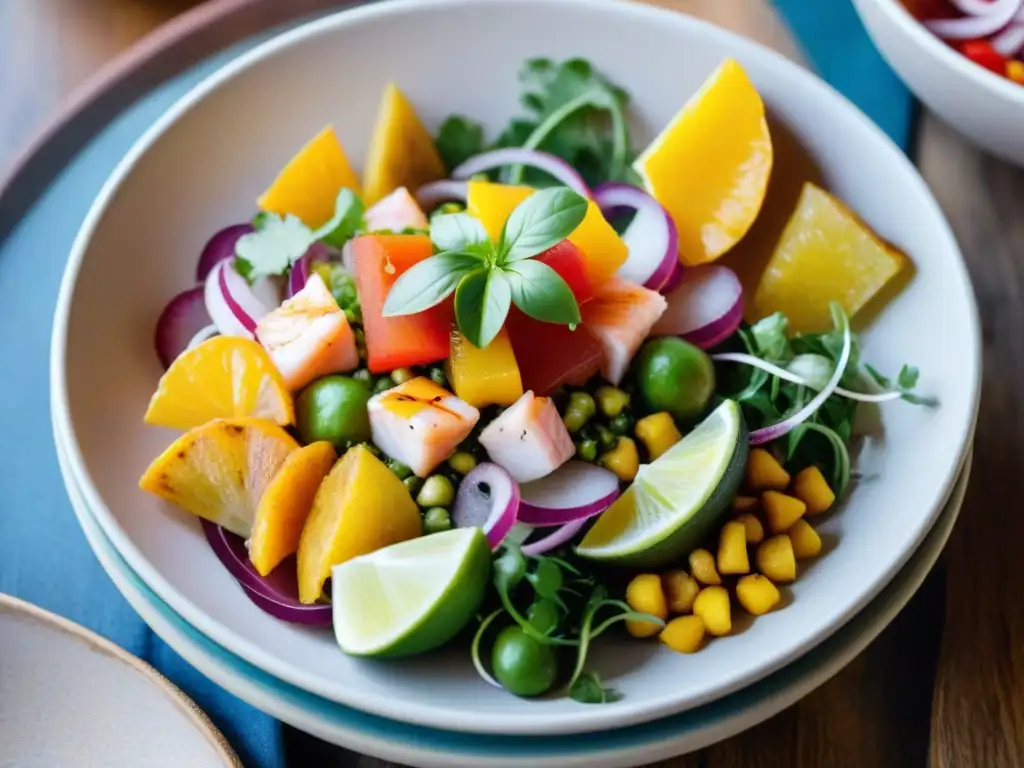 Exquisito ceviche peruano: colores y sabores vibrantes en cada bocado Un ceviche vibrante y exótico en un plato peruano, con ingredientes frescos y coloridos