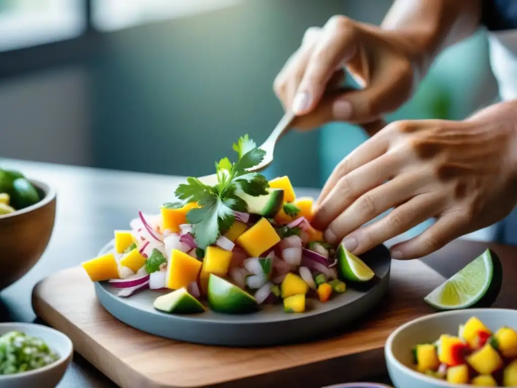 Sabores del mar: Chef preparando ceviche con maestría Un chef prepara ceviche con mango y aguacate en cocina costera
