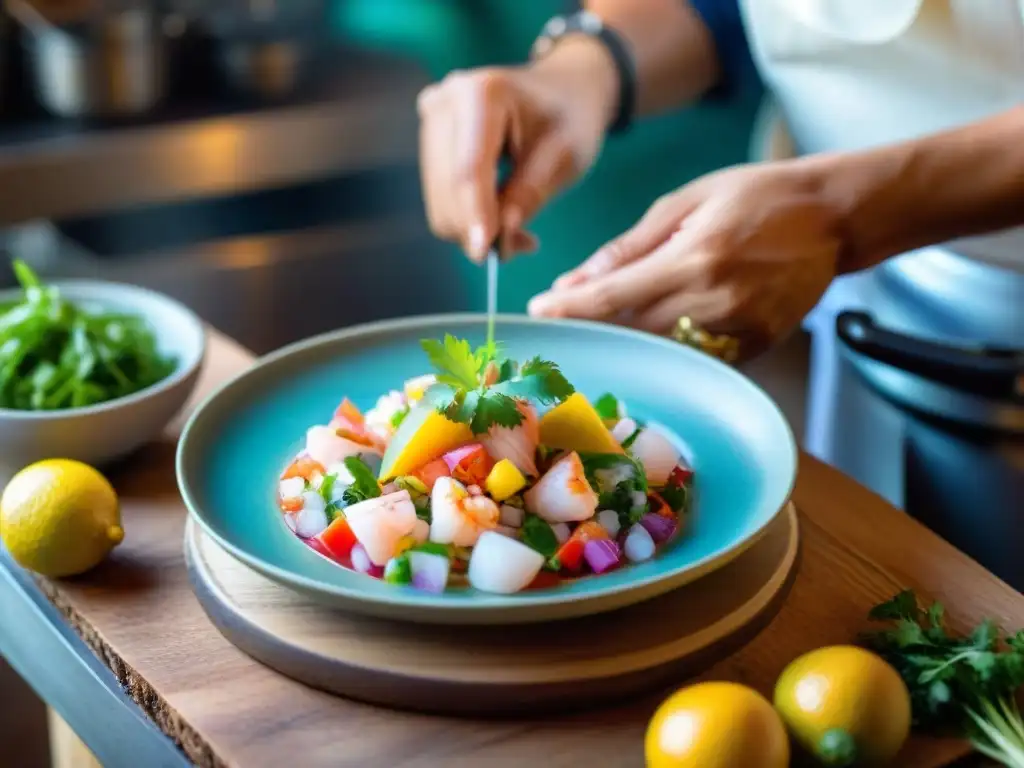 Magistral preparación de ceviche: frescura y color en la cocina costera Chef preparando ceviche, platos únicos costa lugares escondidos
