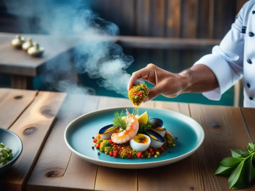 Chef experto sazona con elegancia un exquisito plato de marisco Un chef esparciendo condimentos exclusivos sobre un plato de marisco en una mesa de madera rústica, evocando la sofisticación de la cocina costera