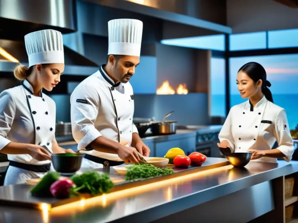 Clase de cocina en la playa al atardecer con chef y estudiantes Un chef imparte un curso en una cocina costera mientras estudiantes aprenden