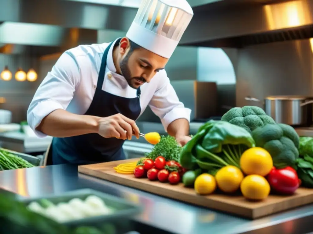 Cocina sostenible en EcoResort: Chef creando plato vibrante Un chef enérgico prepara un plato colorido en una cocina vibrante de un EcoResort, destacando la esencia de la Gastronomía sostenible en EcoResorts