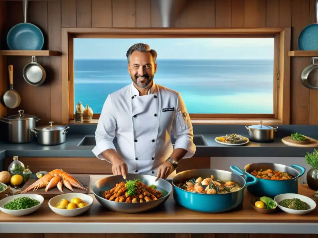 Chef experto preparando delicias costeras Un chef experto elaborando un delicioso plato costero, rodeado de mariscos frescos y especias coloridas en una cocina tradicional junto al mar