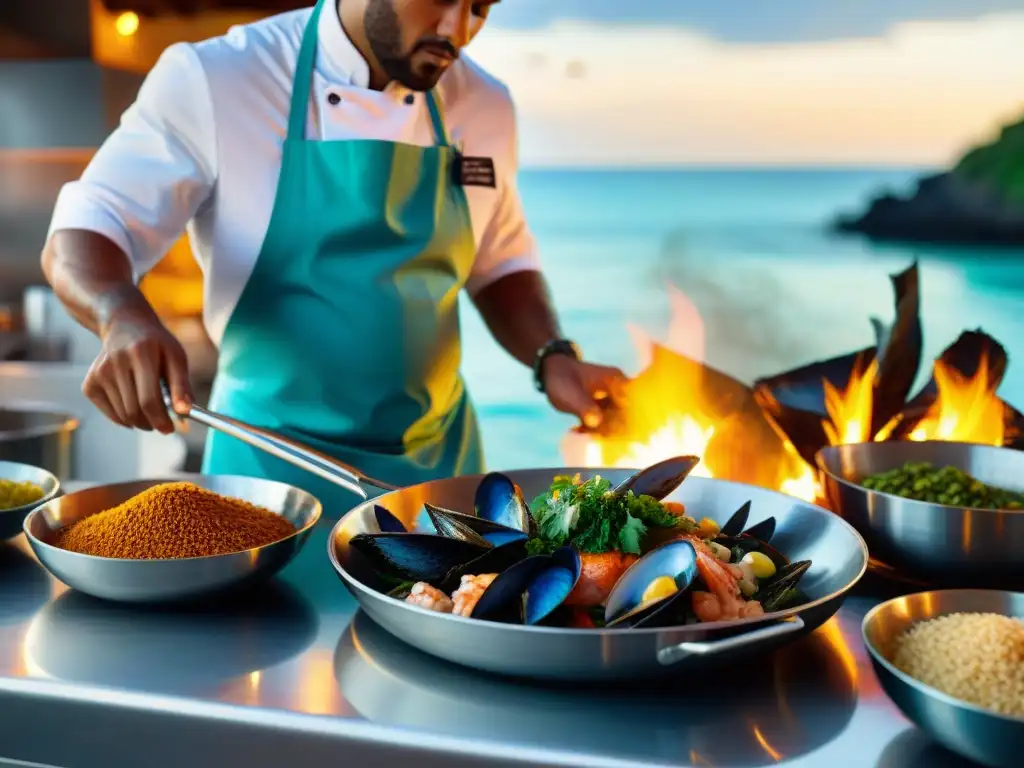 Chef experto fusionando sabores caribeños frente al mar Un chef experto fusiona ingredientes caribeños en una cocina frente al mar