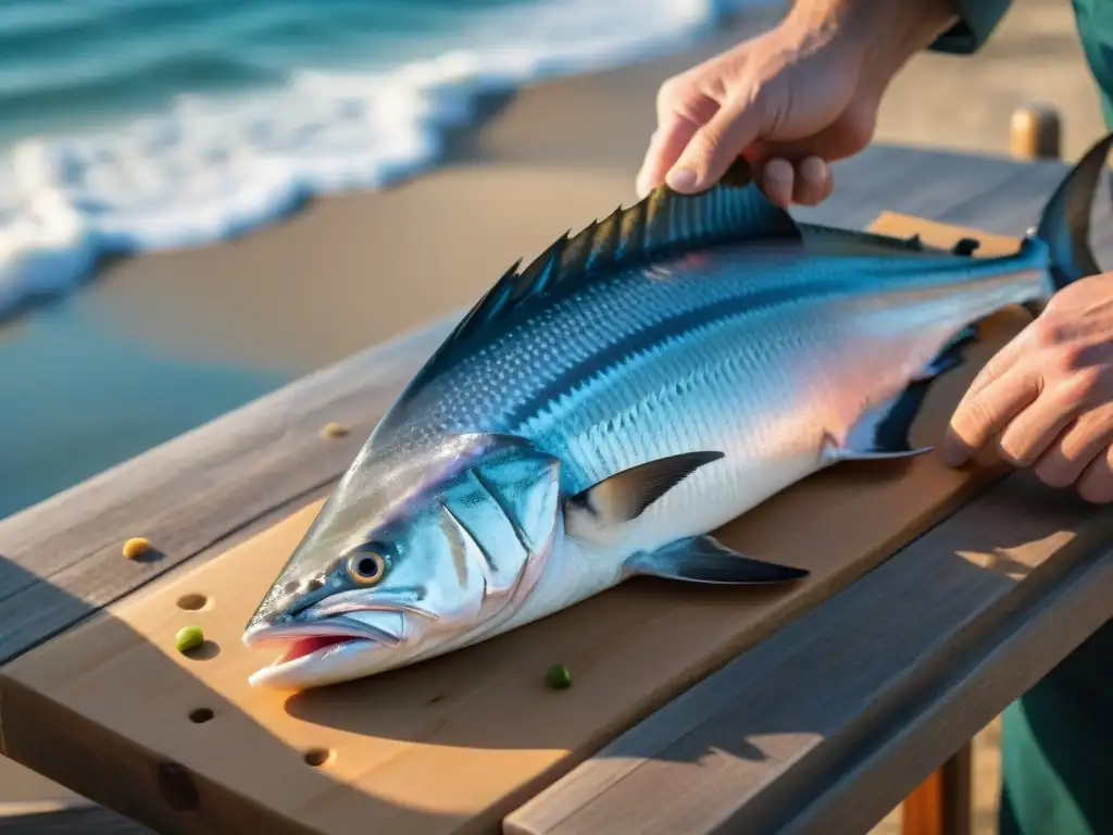 Cocina costera: Chef experto filetea un pez espada junto al mar Un chef experto limpia con destreza un gran pez espada brillante en una mesa de madera junto al mar