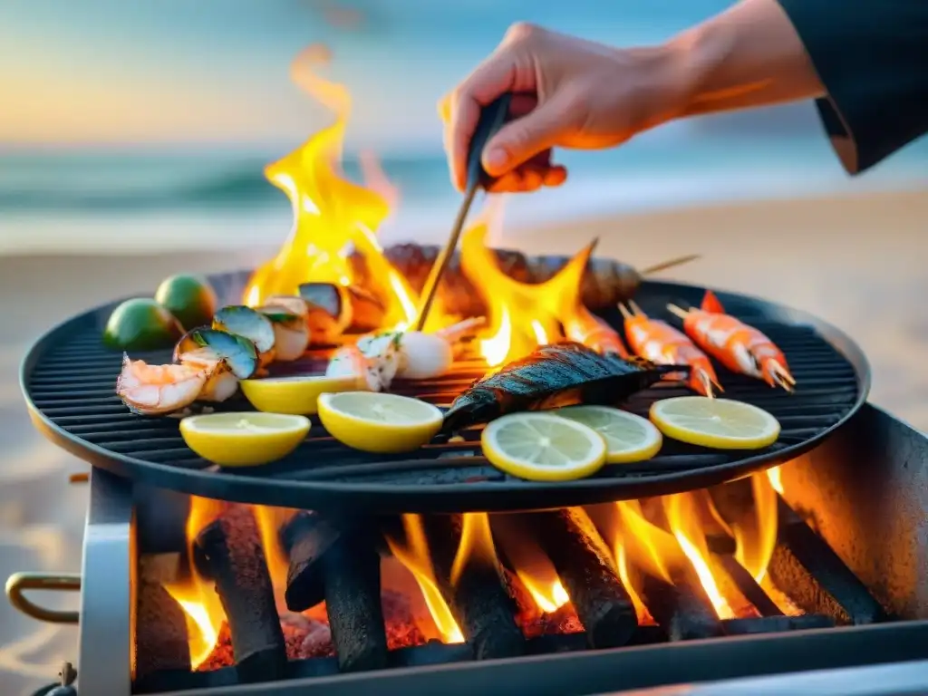 Chef experto a la parrilla: Mariscos frescos en la playa al atardecer Un chef experto prepara mariscos frescos a la parrilla en una playa al atardecer, creando Experiencias gastronómicas únicas playa