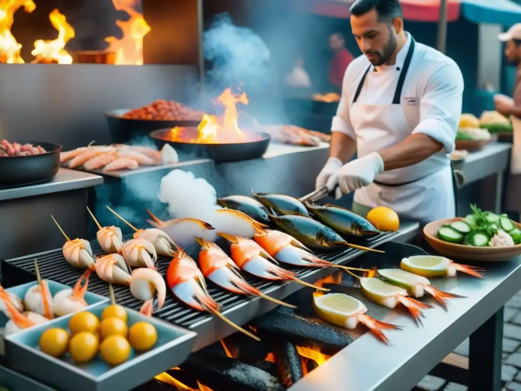 Chef experto preparando mariscos a la parrilla en un mercado costero Un chef experto asando mariscos frescos en una parrilla, rodeado de un mercado colorido