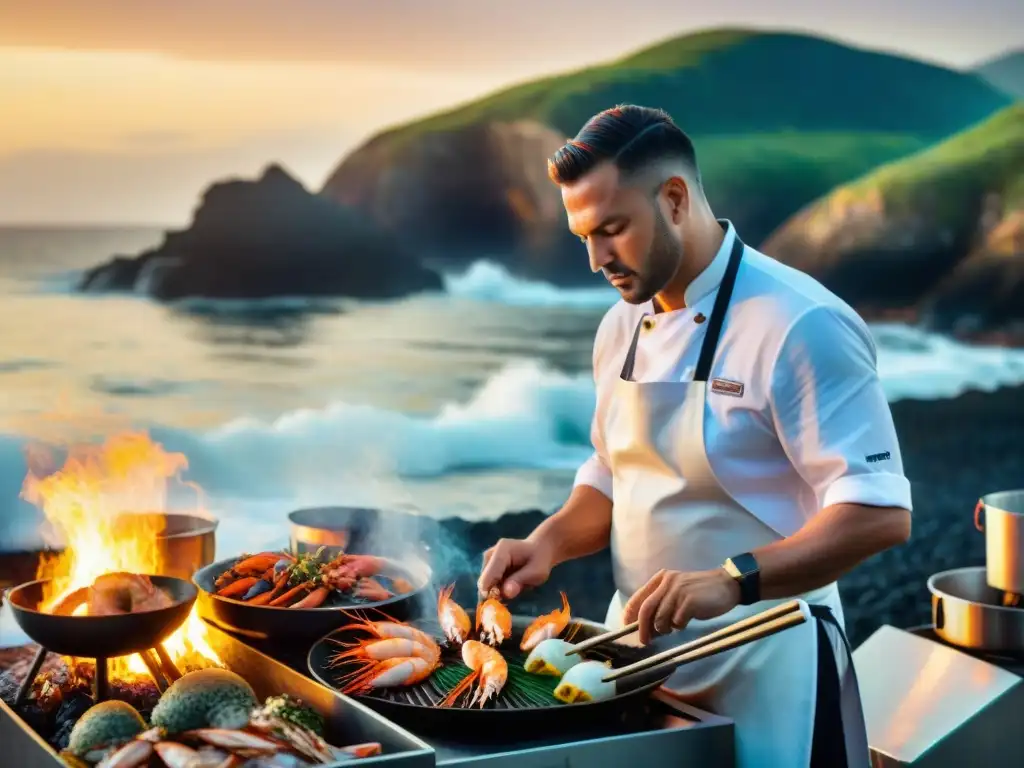 Chef costero experto asando mariscos frescos al atardecer Chef experto asando mariscos frescos en parrilla junto al mar al atardecer