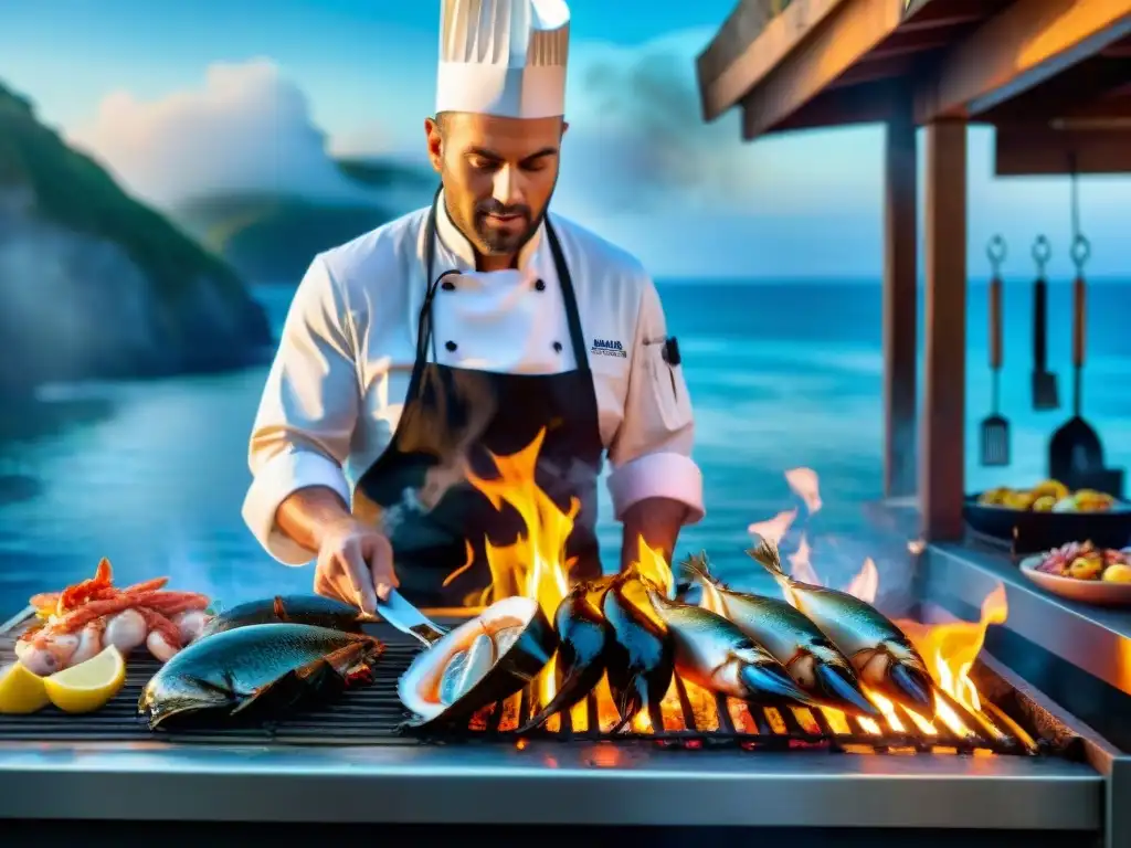 Chef experto preparando mariscos frescos en parrilla costera Un chef experto preparando mariscos frescos en una parrilla costera, con humo y llamas