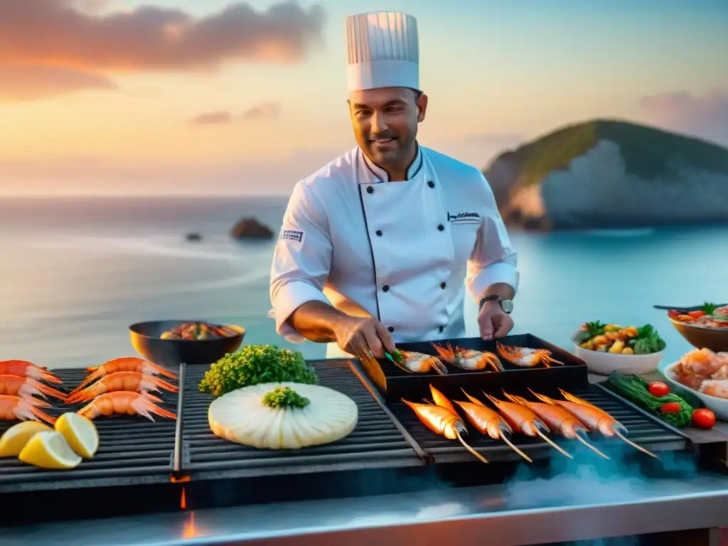 Chef experto cocinando mariscos frescos en parrilla costera al atardecer Un chef experto en una parrilla costera, dominando técnicas sabores con mariscos frescos a la parrilla al atardecer