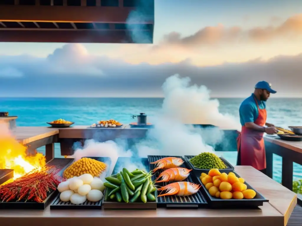 Chef experto en parrilla costera al atardecer Un chef experto en una parrilla costera, deleitando con sabores y técnicas culinarias al atardecer
