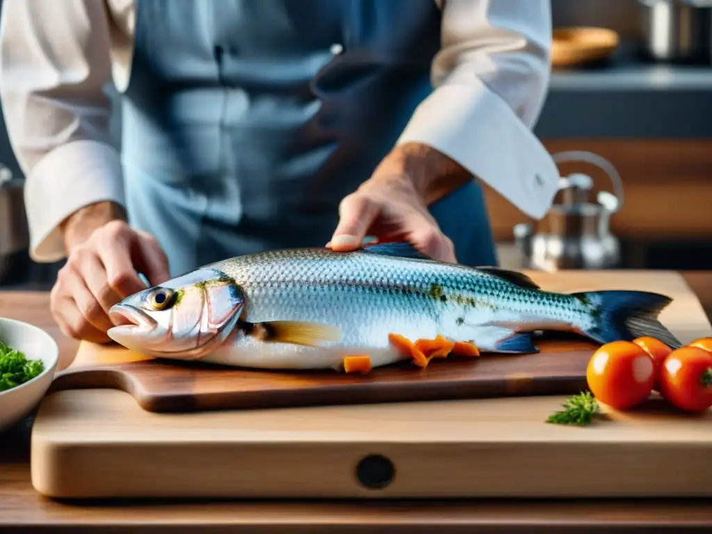 Chef experto fileteando pescado fresco en cocina profesional Un chef experto filetea un pescado fresco en una tabla de cortar de madera, mostrando el proceso de preparación en una cocina profesional