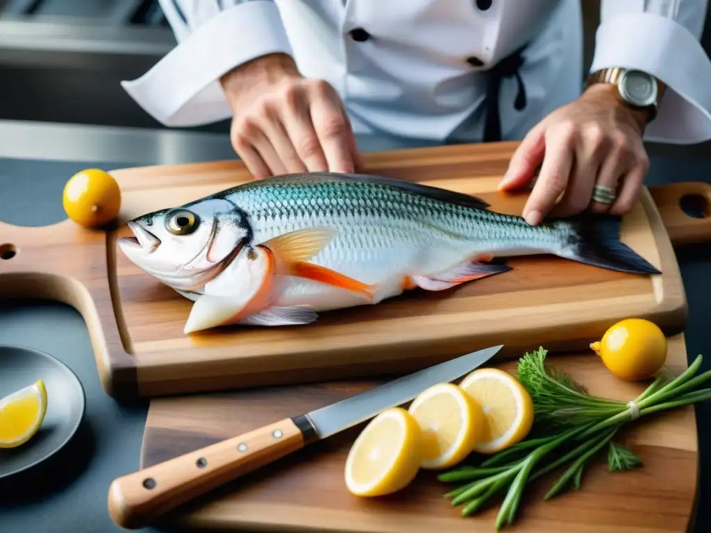 Maestría en acción: Chef experto fileteando pescado fresco Un chef experto filetea un pescado fresco con destreza en una tabla de madera