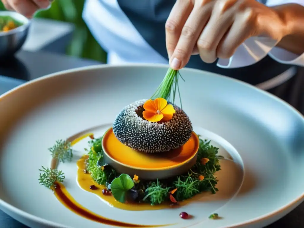 Chef experto en cocina marina elabora plato exquisito Un chef experto prepara platillo marino con ingredientes exóticos en una cocina costera animada