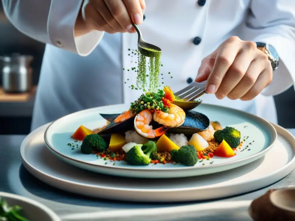 Chef experto realzando sabores marinos con especias costeras Un chef experto espolvoreando sabores especias costeras para potenciar un platillo de mar