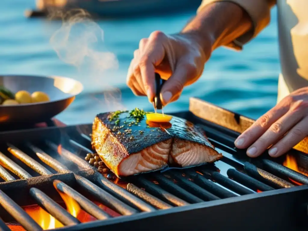 Chef sazonando pescado fresco en la parrilla junto al mar Un chef sazona hábilmente un filete de pescado fresco en una parrilla junto al mar