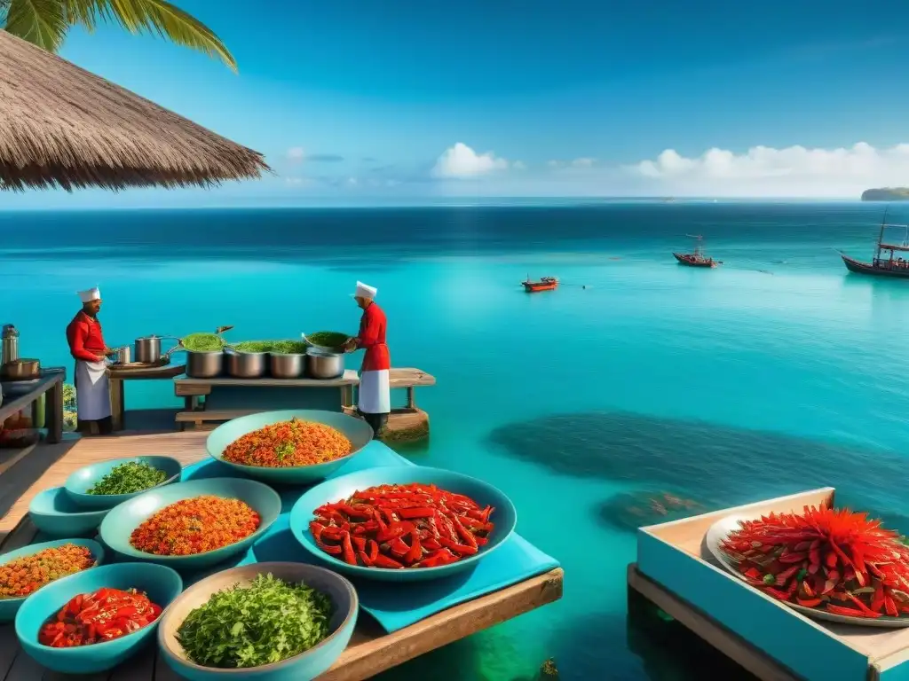 Chef local preparando delicias marinas en isla costera Un chef local experto preparando un plato de mariscos en una cocina al aire libre en una isla costera, rodeado de ingredientes frescos