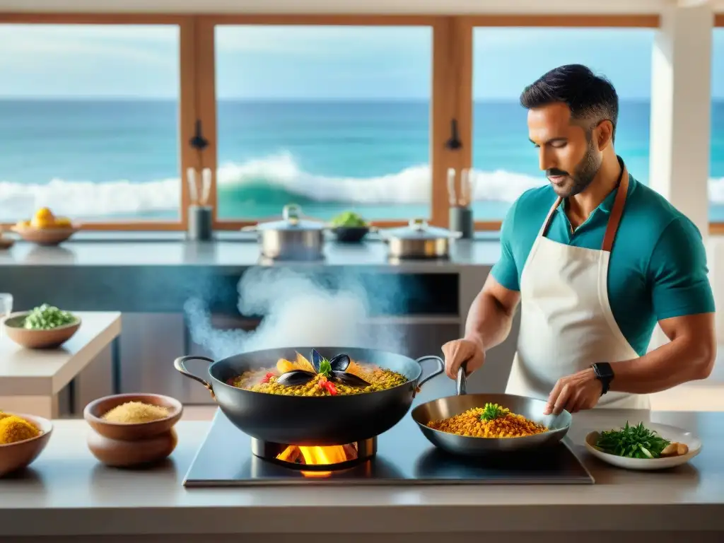 Chef preparando paella de mariscos en cocina costera Un chef prepara paella frente al mar en una cocina costera