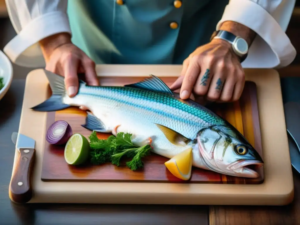 Maestría culinaria: Chef fileteando pescado con precisión Un chef fileteando un pescado con destreza, mostrando su habilidad culinaria